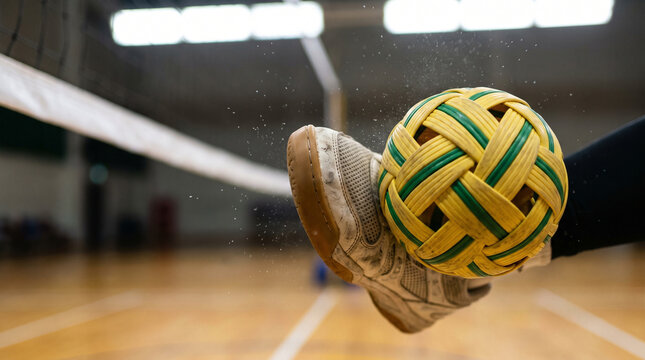 Sepak takraw ball kicked in indoor court