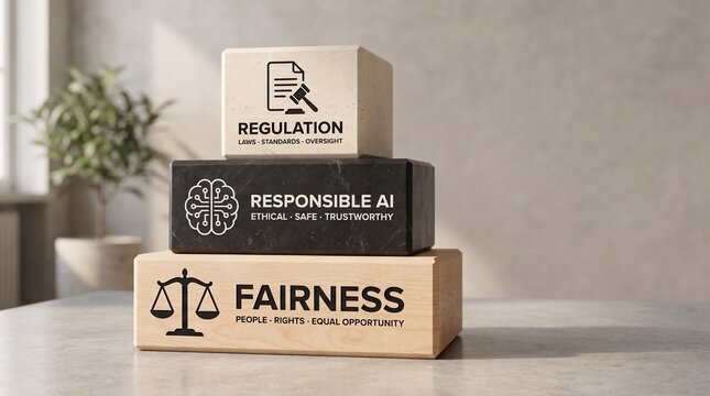 Responsible AI regulation and fairness concept shown on stacked blocks representing ethical technology standards and legal compliance