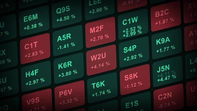 Flat vector stock market heatmap like the reference: tilted perspective grid of rounded tiles, dark teal tiles with green ticker codes and plus percentages, red tiles with minus percentages, tile and