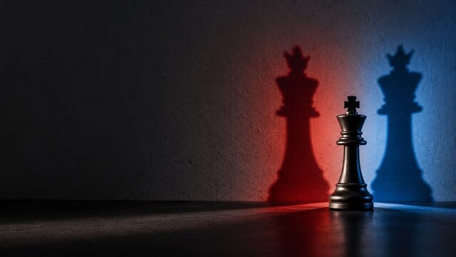 Chess pieces casting red and blue shadows, decision making and rivalry concept
