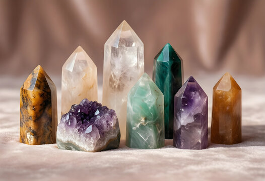 Mindfulness and spiritual healing, collection of polished crystal points and amethyst cluster for meditation and energy balance on soft fabric background