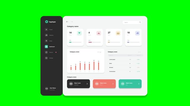 Flat vector dashboard UI faithfully matching the reference on solid chroma green background: dark charcoal sidebar with teal logotype, dark square menu icons with teal active Dashboard, pink Reports d