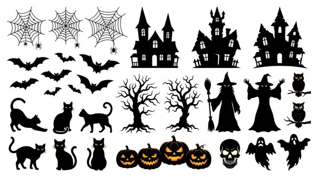 Halloween Silhouette Collection with Haunted Houses, Bats, Cats, Pumpkins, Witches, and Ghosts for Spooky Designs