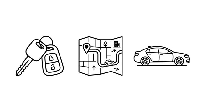 Collection of icons representing car travel a car key, a map with a route, and a car silhouette