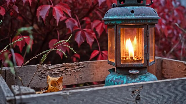 Turquoise patina lantern glowing inside a weathered wooden crate, backed by deep crimson vine leaves and rough timber textures that create a richly layered rustic autumn evening still life scene