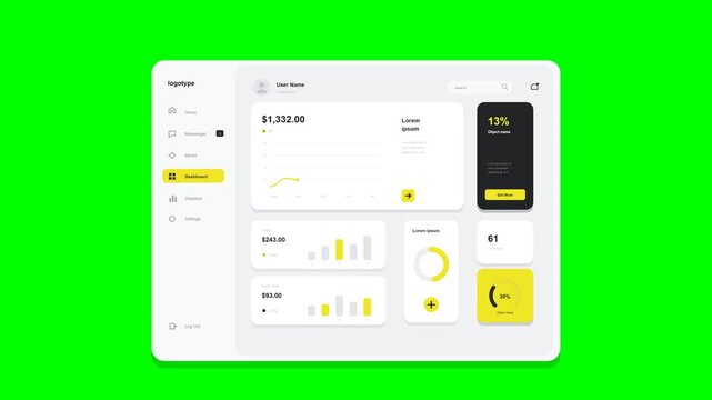 Flat vector dashboard UI faithfully matching the reference on solid chroma green background: light rounded panel with soft shadow; left sidebar with logotype, menu Home Messenger with dark badge 3, Me