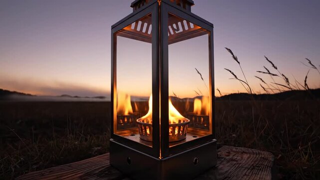 Minimal black lantern glowing on a weathered timber block in an open grassland at sunset, framed by wind bent seed heads and a fading pastel sky for a spare cinematic autumn evening atmosphere