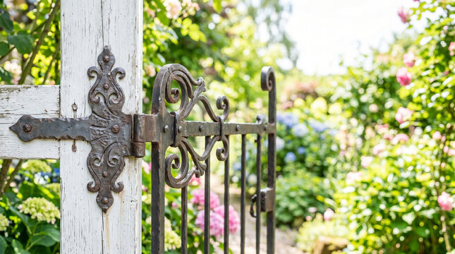 Ornamental forged metal gate hinge in a blooming garden  