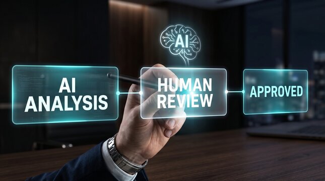 AI Analysis Human Review and Approved Workflow Concept, Businessman Touching Virtual Screen for Human in the Loop Validation, Automated Decision Making and Governance Process