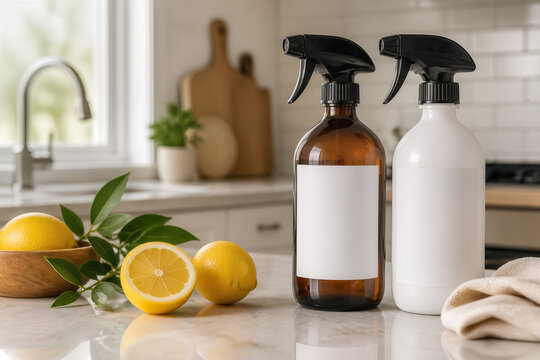 Flacons de nettoyage r&eacute;utilisables avec citrons frais