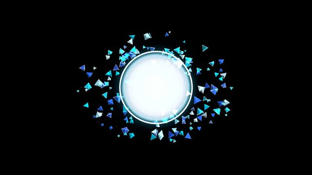 Glowing Circular Frame Portal with Blue Geometric Triangles Particles Floating on Dark Background