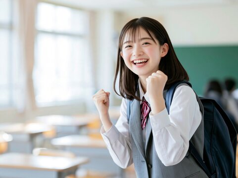 教室の勉強机の前で満面の笑みでガッツポーズをする制服姿の女子学生
