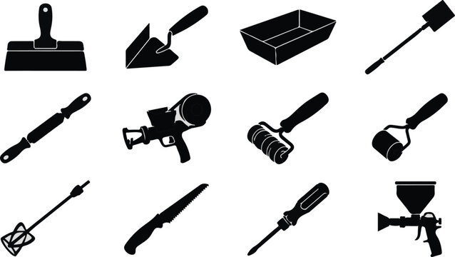 Drywall installation and plastering tools finishing construction equipment vector icon set