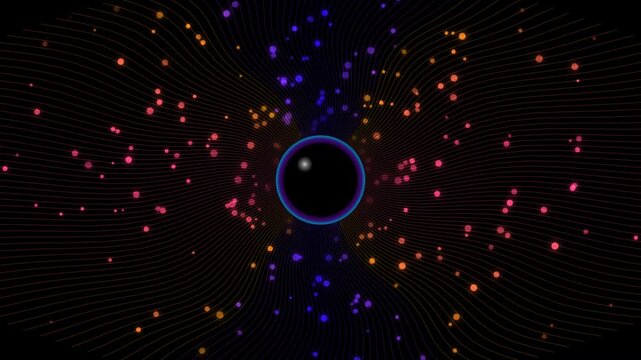 Glowing Circular Portal Background with Radiating Light Lines and Floating Neon Particle Orbs Loop