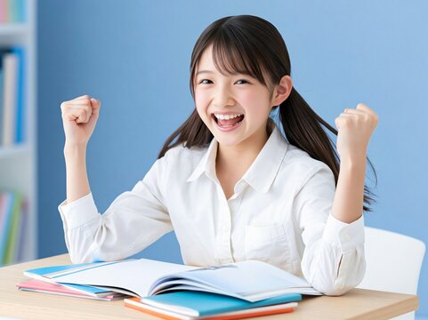 勉強机でノートを広げて満面の笑みで両手ガッツポーズをする女子学生