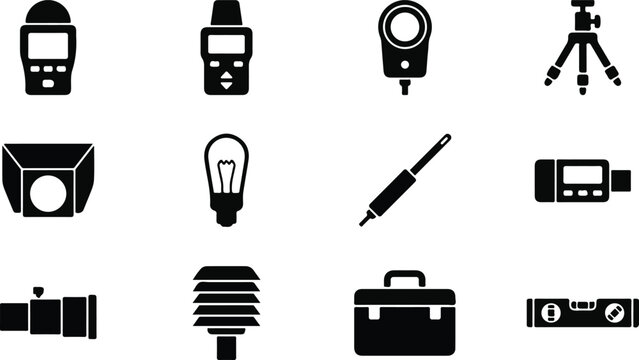 Photography Lighting and Environmental Measurement Studio Equipment Icon Set Vector