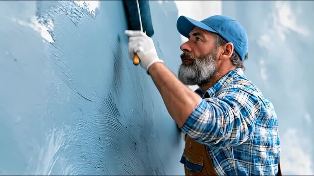 A bearded painter in a blue cap and plaid shirt applies blue paint to a textured wall using a roller and trowel.