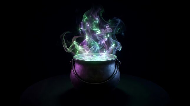 Magic cauldron with glowing green and purple smoke.