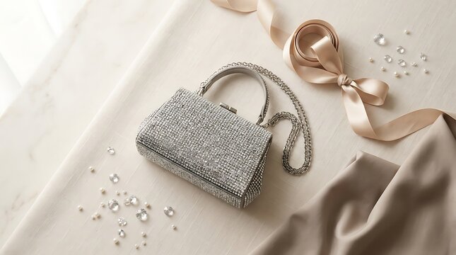 Elegant silver glitter evening bag with chain strap and luxury accessories. glittery handbag designs