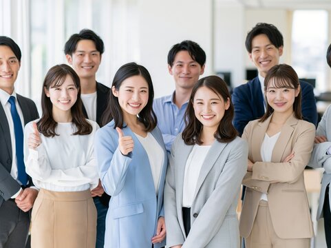 団結した強さを見せ笑顔でグッジョブとサムズアップをするビジネス男女