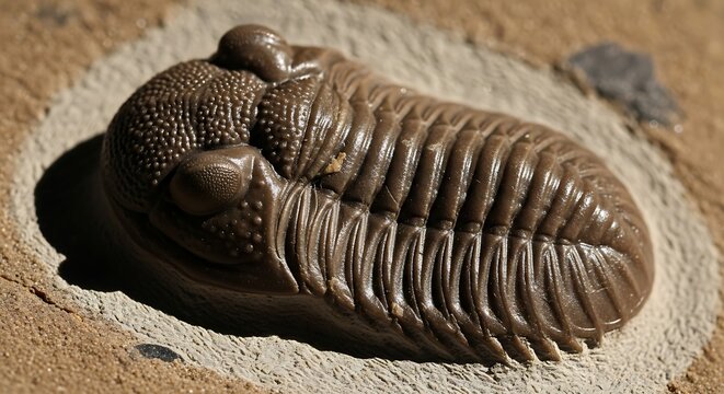 Fossilized trilobite in sandy rock formation.