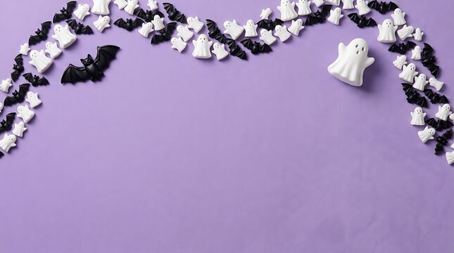 Small ghost and bat decorations on purple background with halloween confetti