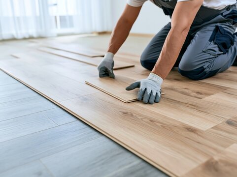 フローリングの床板を丁寧にはめ込み施工を行う大工の手元
