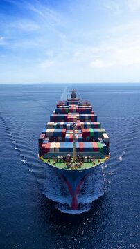 Aerial front view of a large container cargo ship traveling with speed over the ocean as a concept for industry and logistics