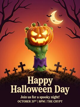 Happy Halloween Day invitation with zombie hand holding glowing pumpkin on spooky graveyard at night.