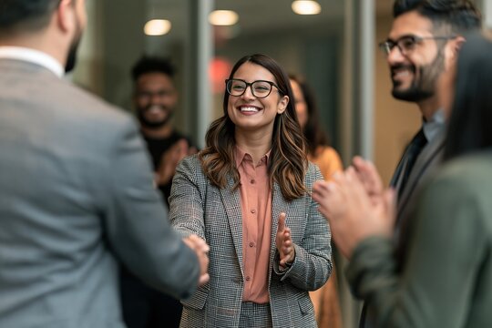 Diverse business team shaking hands and smiling during a corporate office meeting celebration