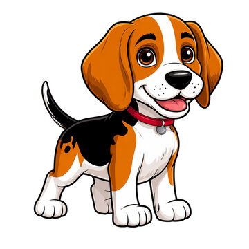 Cute Cartoon Beagle Puppy Vector Illustration: Adorable Standing Tri-Color Dog with a Happy Smile, Wagging Tail, and Red Collar, Perfect for Pet Lovers and Digital Design Projects, on Transparent Back