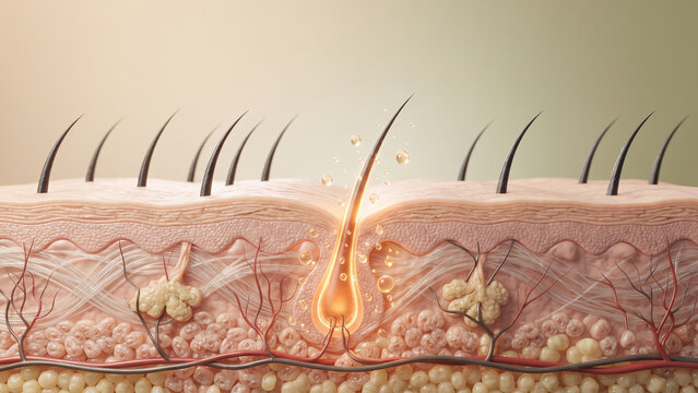 Human scalp cross section with glowing nourished hair root and plant nectar droplets, damage repair, hair restoration