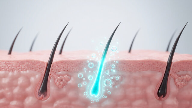 Scalp cross section with glowing follicle hair strand treatment, damage repair, hair restoration, hydration therapy