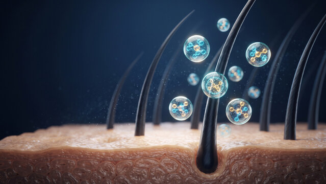 Hair follicles with glowing molecular capsules on dark blue background, damage repair, hair restoration science