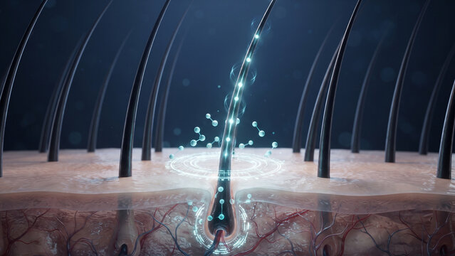 Hair follicle with glowing cyan energy ring and molecular nodes, damage repair, hair restoration technology