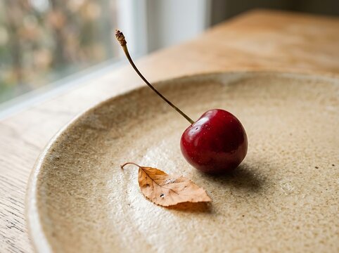 A single fresh red cherry and a dry brown autumn leaf on a rustic ceramic plate