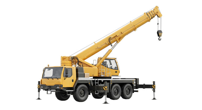 Heavy-duty yellow mobile crane truck with extended boom isolated on transparent background PNG