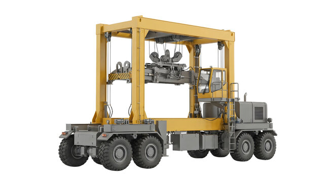 Heavy-duty yellow straddle carrier container crane isolated on transparent background PNG