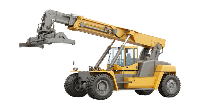 Heavy-duty yellow reach stacker container handler isolated on transparent background PNG