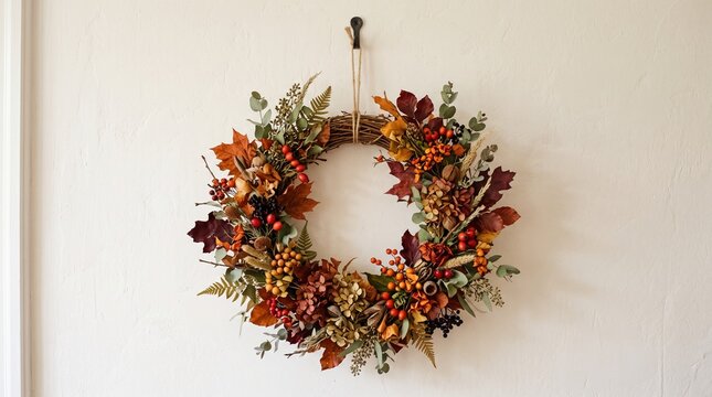 Beautiful rustic autumn wreath featuring dried fall leaves, berries, and natural elements hanging on a white wall representing seasonal farmhouse home decor