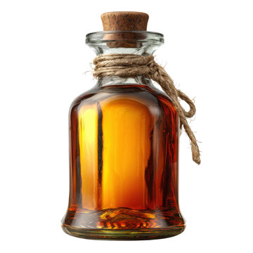 Vintage glass bottle with amber liquid and cork stopper, rustic twine tied jar, apothecary container for spirits and syrup isolated PNG with Transparent Background