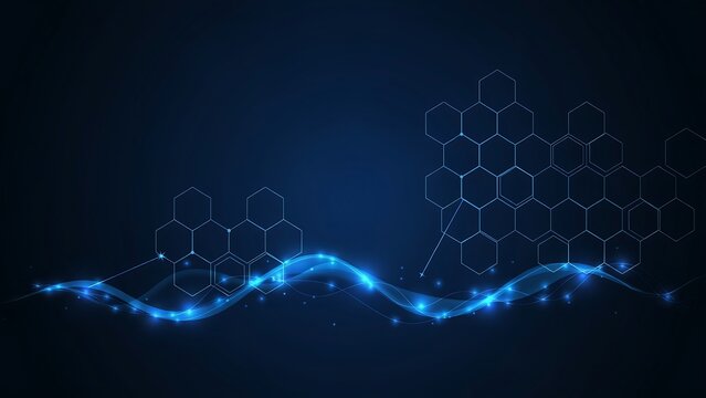 Dark Blue Hexagonal Background with Glowing Light Waves, Sci-Fi Honeycomb Pattern, Futuristic Technology Vector