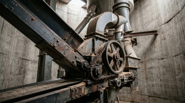 A close up view of heavy industrial machinery inside a grain silo harvest facility shows old metal conveyors and rusted gears with a moody textured concrete background