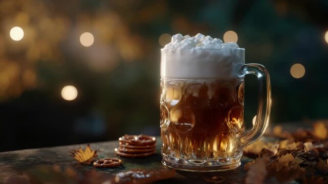 Frothy Beer Mug with Pretzels Outdoors at Dusk with Bokeh Lights