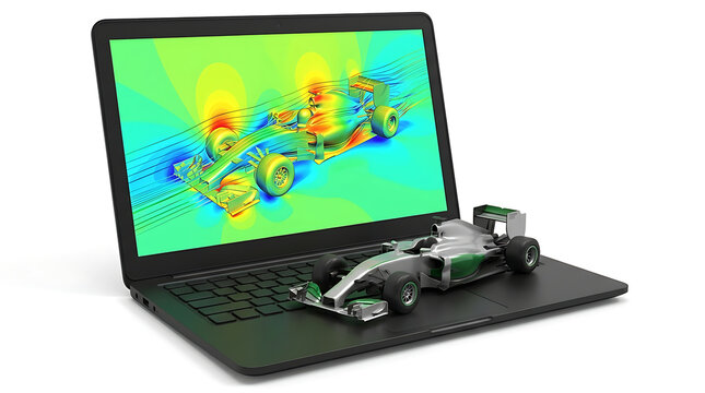 Laptop computer displaying CFD aerodynamic wind tunnel simulation of racing car