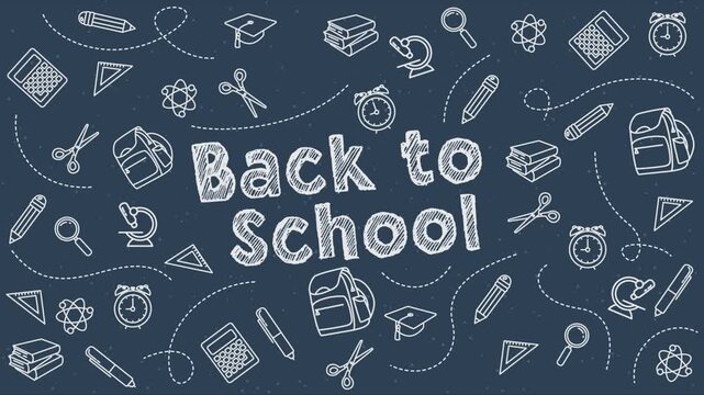 Animated "Back to School" background banner featuring hand-drawn, chalk-style educational icons on a black chalkboard