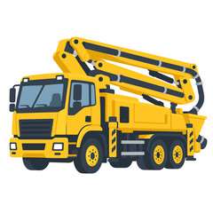 Naklejka premium Yellow truck-mounted concrete pump with folded articulated placing boom and multi-axle chassis in a clean isolated technical illustration