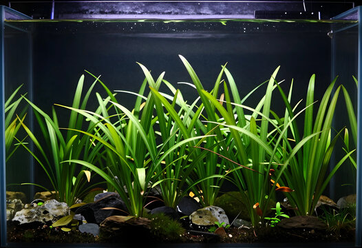 Aquascaping and nature hobby, lush green aquatic plants in a freshwater aquarium with rocks and dark substrate for home interior and wellness decor