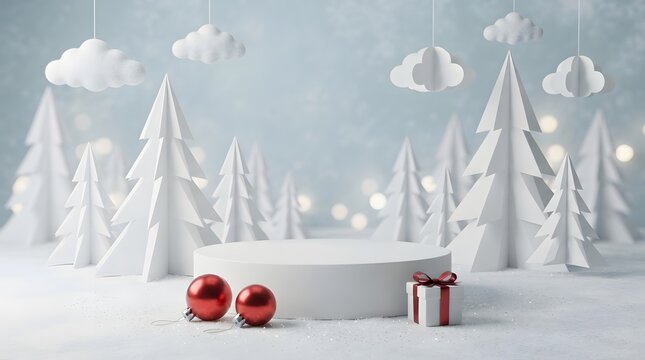 Christmas Product Display Background with Snowy Pine Trees and Red Ornaments