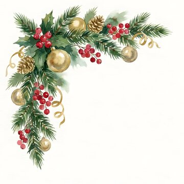 Festive christmas corner arrangement with ornaments berries and evergreen branches